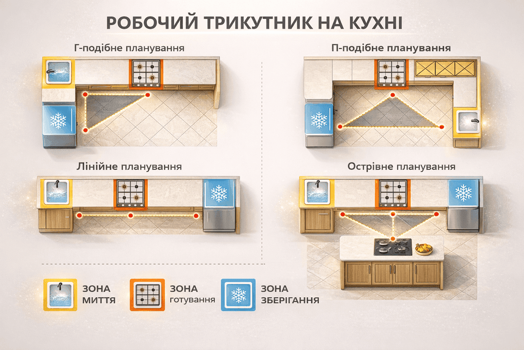 Схема робочого трикутника на кухні — правильне розташування холодильника, мийки та плити у різних типах планування кухні.